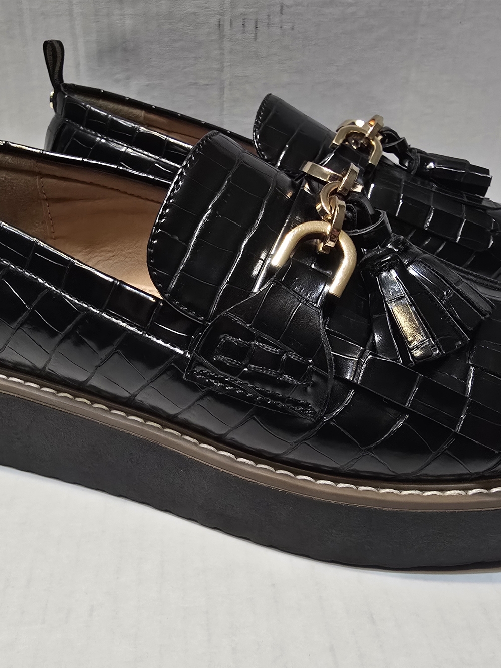 River Island Black Croc-Embossed Tassel Loafers with Gold Hardware